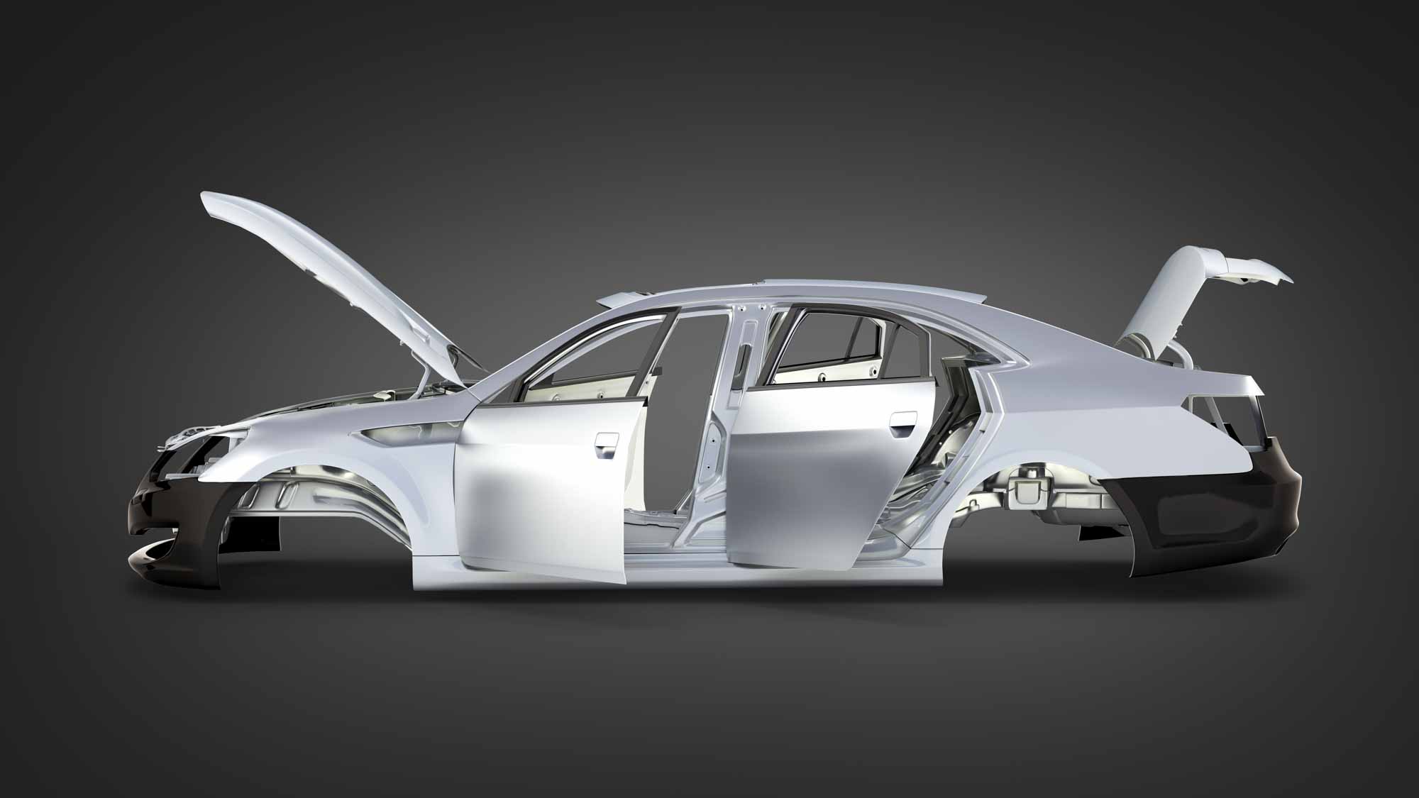 3d side view of car with no wheels and body panels open - Advanced auto solutions collision repair services 