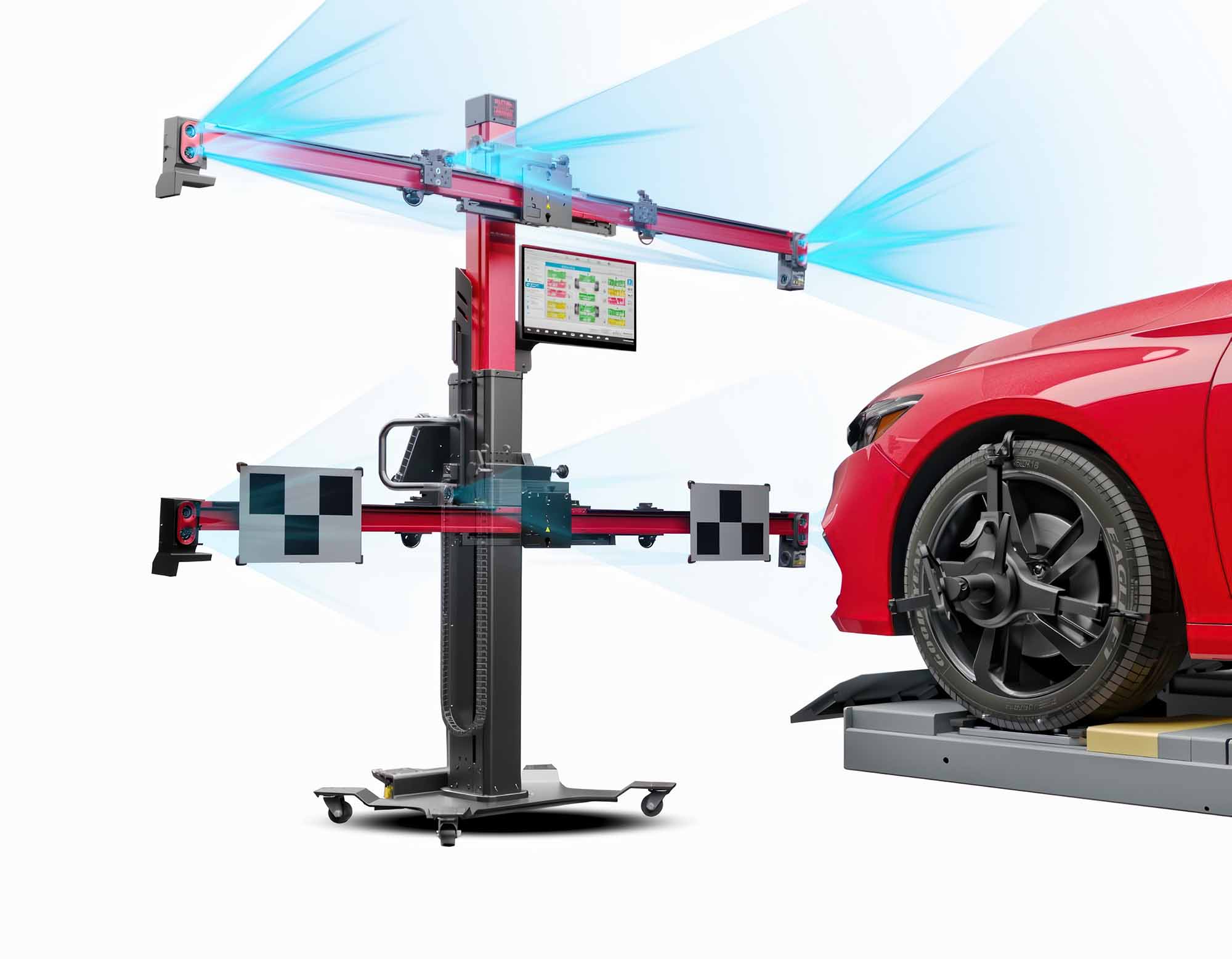 Red car undergoing ADAS Services diagnostics – Advanced auto solutions body shop Red car undergoing ADAS Services diagnostics - Advanced auto solutions body shop