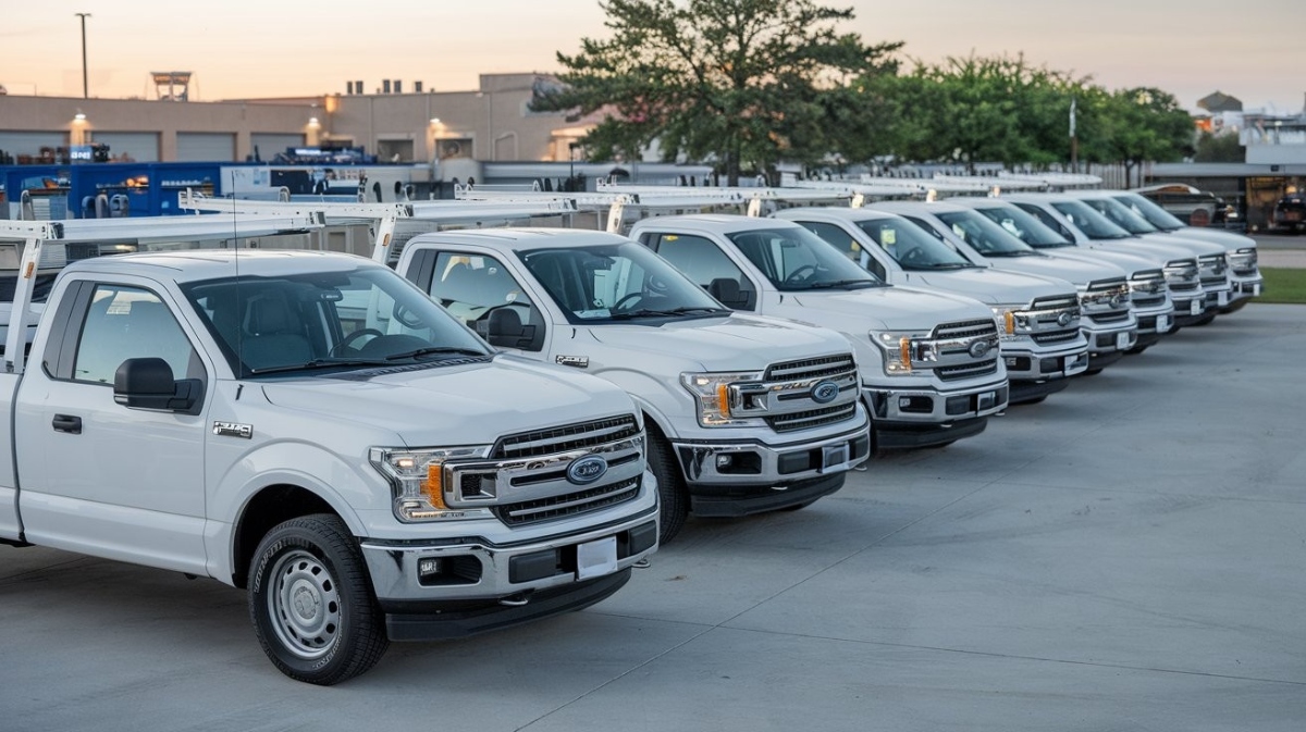 Row of white F150 trucks - Fleet repair Advanced auto solutions collision repair services
